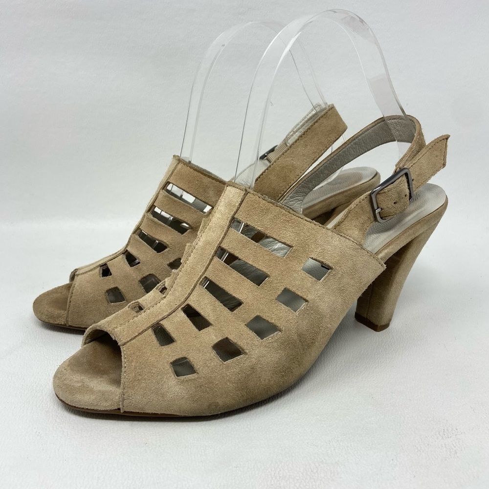 Eric Michael Light Tan Suede Chili Caged Cutout Slingback High Heel Sandals